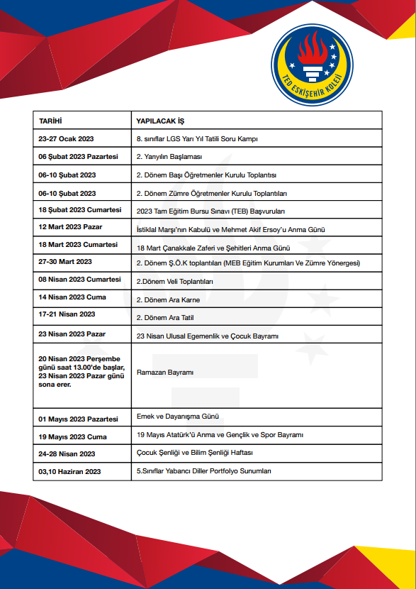 Ortaokul Akademik Takvim TED ESK EH R KOLEJ Ortaokul Akademik Takvim TED ESK EH R KOLEJ